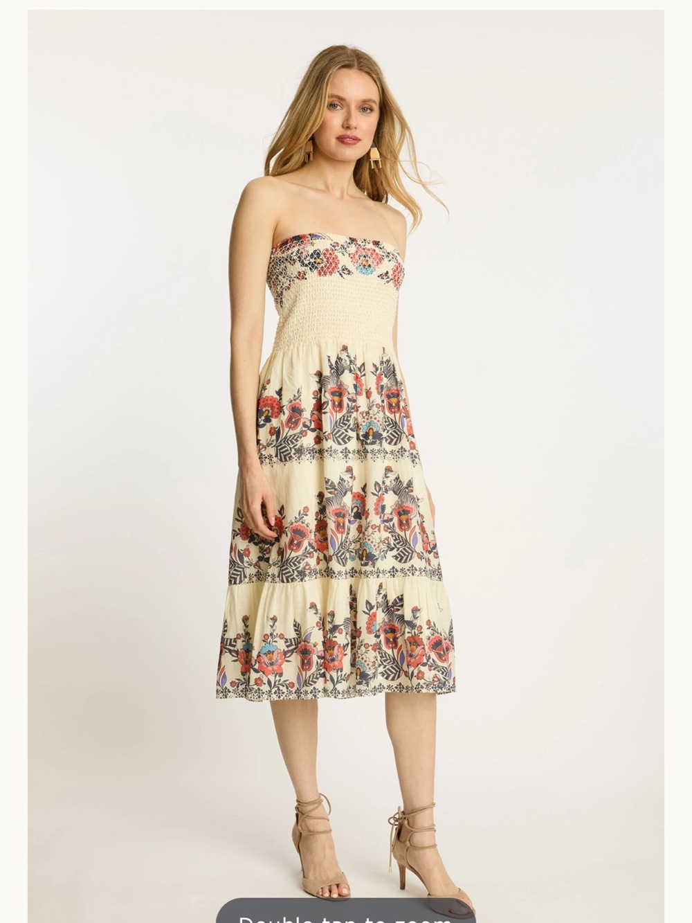 Strapless Cream Floral Maxi Dress with Smocked Bodice